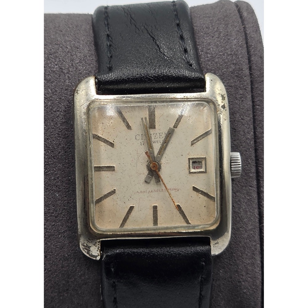 Vintage Citizen 17J Manual Wind Date Square Watch Unbreakable Spring Japan